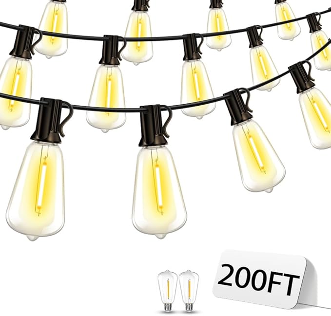 Outdoor Patio String Lights 200ft: ST38 LED Shatterproof Bulbs 3 Modes Button Control - Waterproof Connectable Lights - Wedding Bistro Party Gazebo Backyard Decorative