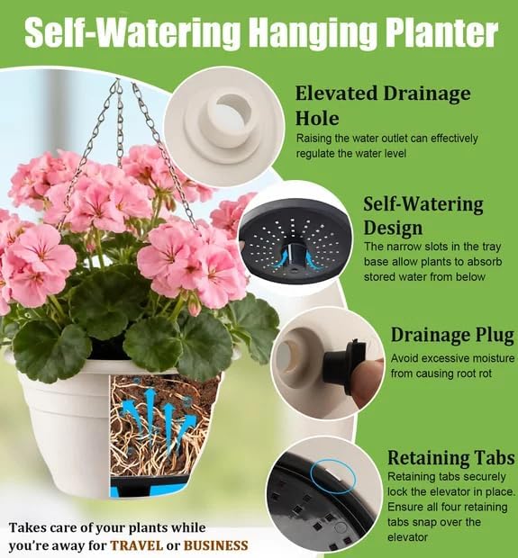 Hanging Planters 10 Inch, 4 Pcs Flower Pots with Drainage Hole, Self Watering Hanging Basket for Indoor Outdoor Plants, Decor, White