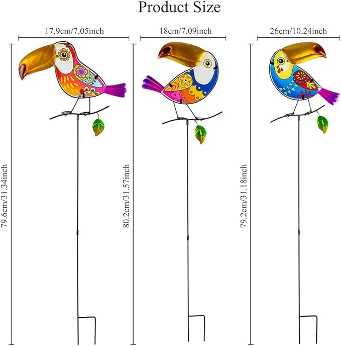 Decorative Garden Stakes,Set of 3 Toucan Stained Glass Metal Yard Art Outdoor,Waterproof Spring Garden Stakes Decorative for Lawn Patio Pathway