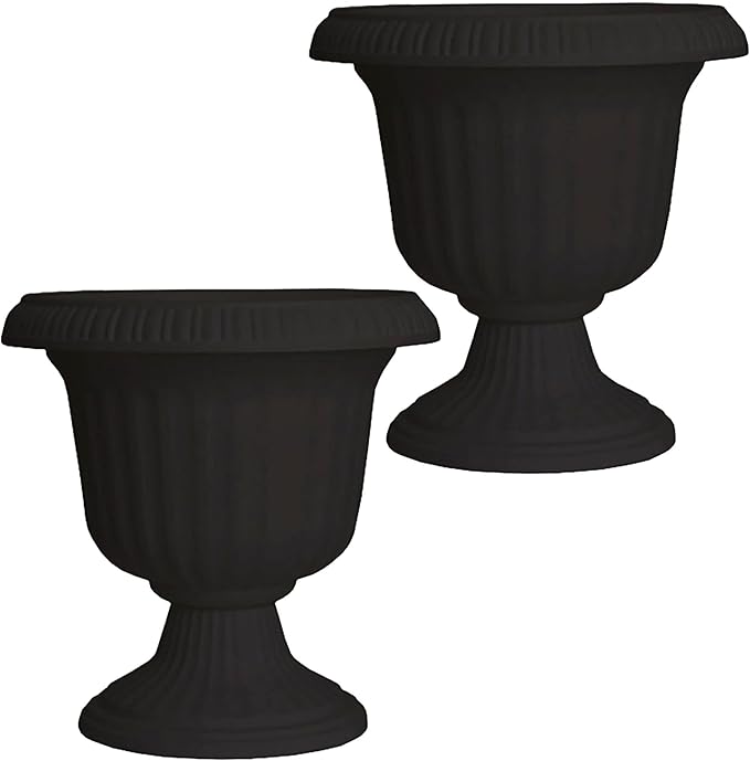 Southern Patio Large 14 Inch Outdoor Garden Lightweight Utopian Urn Planter with UV-Coated Finish for Entryways, Walkways, and More, Black (2 Pack)
