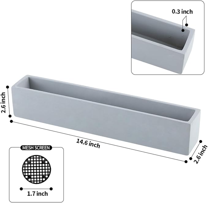 14.5-Inch Grey Rectangle Concrete Succulent Planter Windowsill Boxes