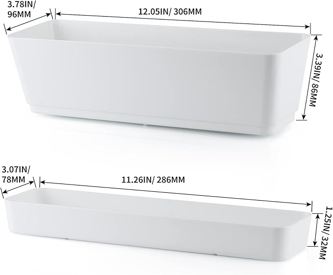 Skelang 3 Pcs Rectangular Plant Pot, 12" Flower Planter Box, Windowsill Container for Succulent, Herb, Vegetable (White)