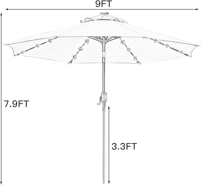 Sunnyglade 9' Solar LED Lighted Patio Umbrella with 8 Ribs/Tilt Adjustment and Crank Lift System (Orange)
