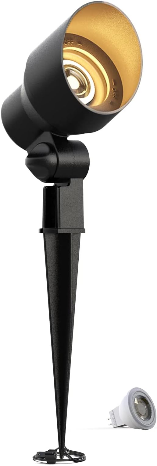 GOODSMANN Low Voltage Landscape Flood Light 3W LED 200 Lumen Outdoor Spotlight 3000K Warm White Replaceable LED Outside Hardwired Lighting with Metal Stake Cable Connector Replaceable