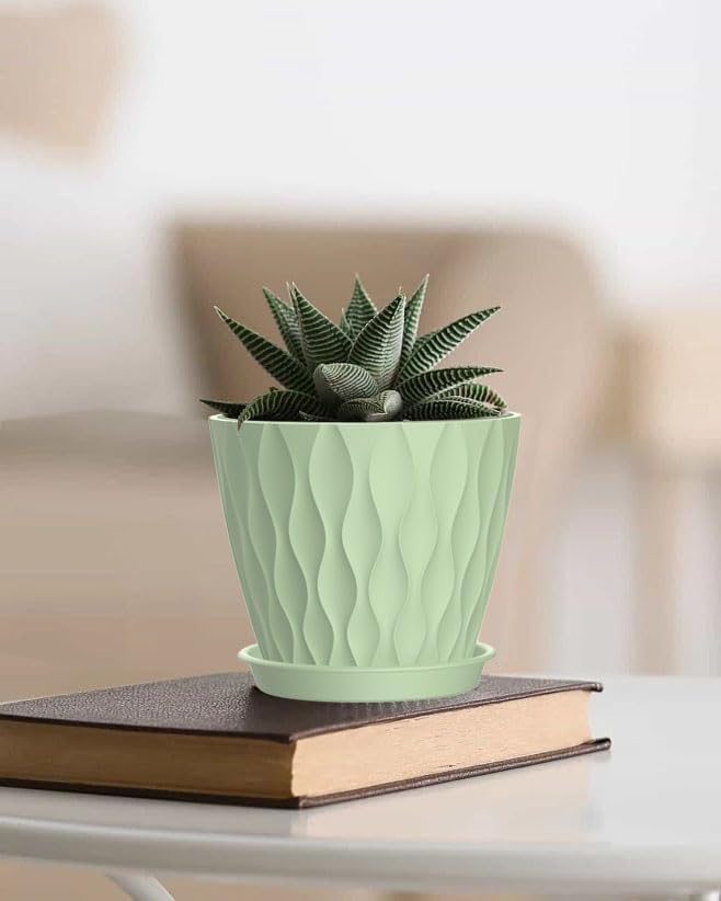 4 Inch Plant Pots, 6 Pack Indoor Flower Pots, Planters with Drainage Holes and Trays for Orchids, Violets, Succulents, Herbs, and Other Plants,Green