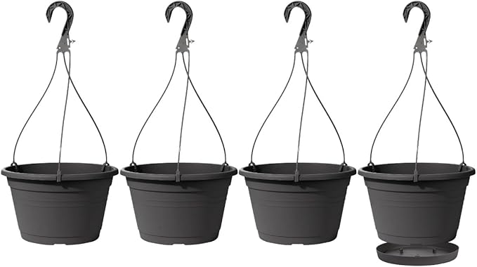 VIDELLY 4 Pcs Hanging Planters,10" Hanging Pots Plastic Hanging Flower Plant Basket with Drainage Trays & Chain Holder for Outdoor Indoor Plants Garden Balcony Decoration, Dark Gray