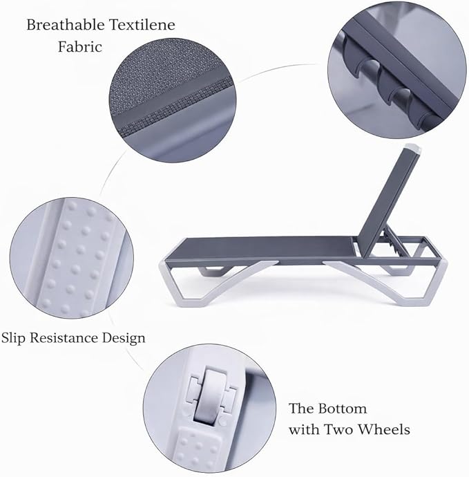 Kozyard Outdoor Chaise Lounge Chair, Full Flat Adjustable Patio Lounger with Aluminum Frame & Resin Legs, Textilene Fabric for Poolside, Backyard & Beach (Gray, 2Chairs with Table)