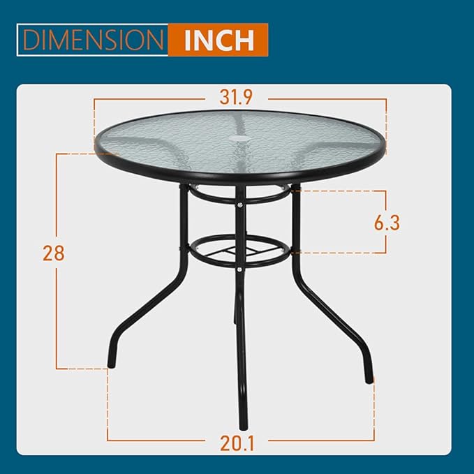 32in Outdoor Table Patio Dining Table Outdoor Dining Table with Umbrella Hole Round Tempered Glass for Yard Bistro Lawn Balcony