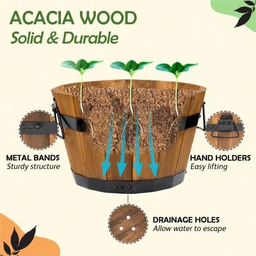 Idzo Set of 3 Wooden Upgraded Brown Orange Flower Boxes Outdoor, Durable Acacia Wood Barrel Planters for Outdoor Plants with Ergonomic Handles, Drainage Holes, Multiple Sizes Wood Bucket Planter