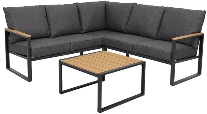 Metal Patio Furniture Set, 6 Pieces Outdoor Sectional Sofa Set with Side Table, L Shape Patio Conversation Set with Faux-Wood Tabletop, Outdoor Couch for Balcony, Porch, Backyard, Grey