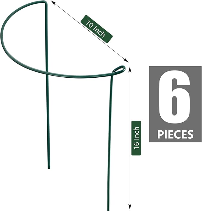 FEED GARDEN 6 Pack Plant Support Stakes, Peony Cages and Supports, Metal Garden Plant Stake(10" Wide x 16" High) Green Half Round Plant Support Rings for Outdoor Indoor Plants, Tomato, Hydrangea