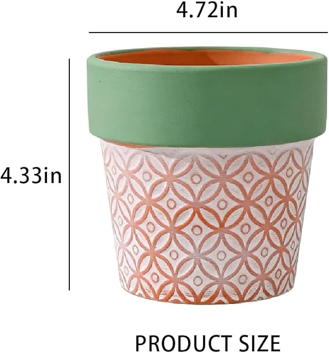 Terracotta Plant Pots Set of 2-4.7 Inch Vintage Pattern Clay Flowerpots with Green Rim & Drainage Holes, Decorative Terra Cotta Pots for Indoor Outdoor Garden Home Decor