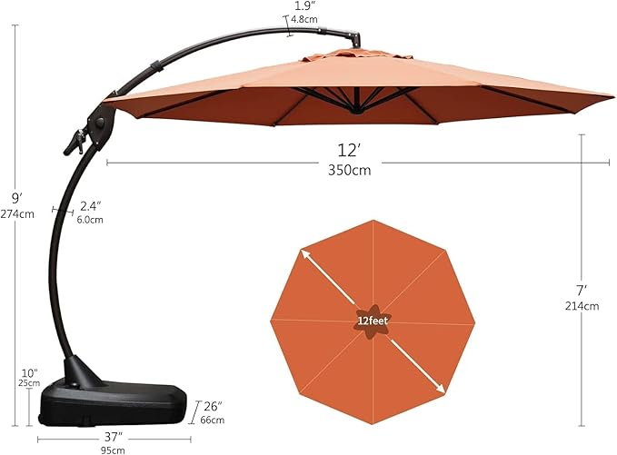 Grand patio 12FT Sunbrella Cantilever Round Umbrella Outdoor Round Aluminum Offset Umbrella with Base Included for Garden, Backyard, Pool (Spectrum Cayenne, 12 FT-SUNBRELLA)