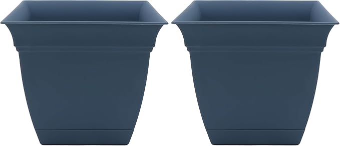The HC Companies 6 Inch Eclipse Square Planter with Saucer - Indoor Outdoor Plant Pot for Flowers, Vegetables, and Herbs, Slate Blue (Pack of 2)