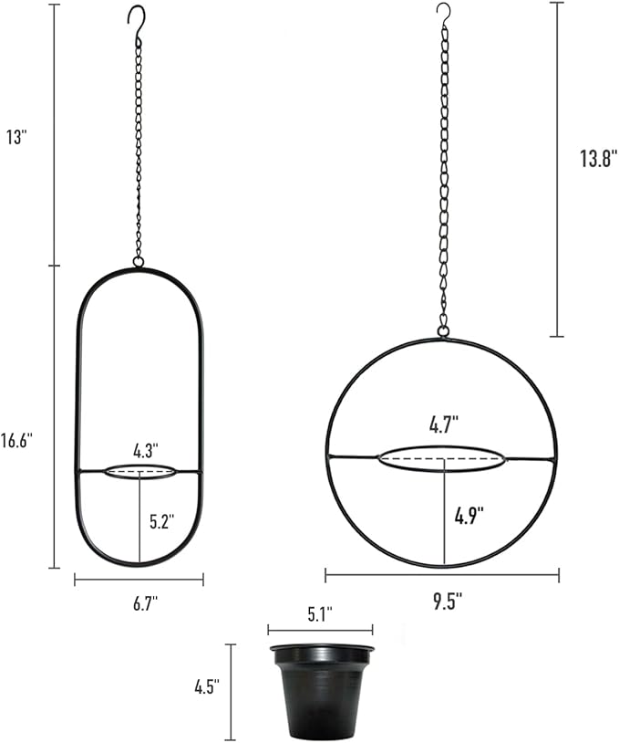 Metal Hanging Planters, Modern Plant Hanger with 5 inch Flower Pot, Set of 2 Black Plant Holder in Oval and Round Shape, Small Wall and Ceiling Planter for Indoor Plants, Home Décor