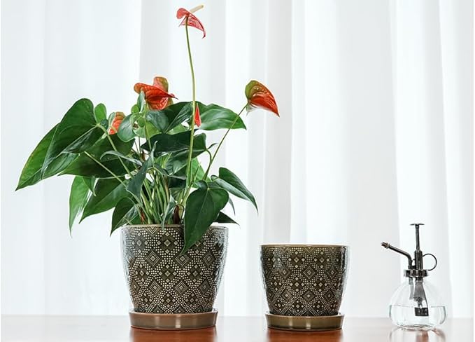 Docrin Dark Green Ceramic Planter Set - 6.6"+5.5" Indoor Outdoor Pots with Drainage Holes & Saucers for Home Office Decor