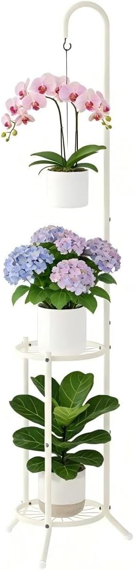 2-Tier Hanging Plant Stand Indoor and Outdoor , Space-Saving Iron Planter Shelves, Multiple Flower Pot Display Holder Shelf with Hanging Hook, Corner Plant Stands (White)