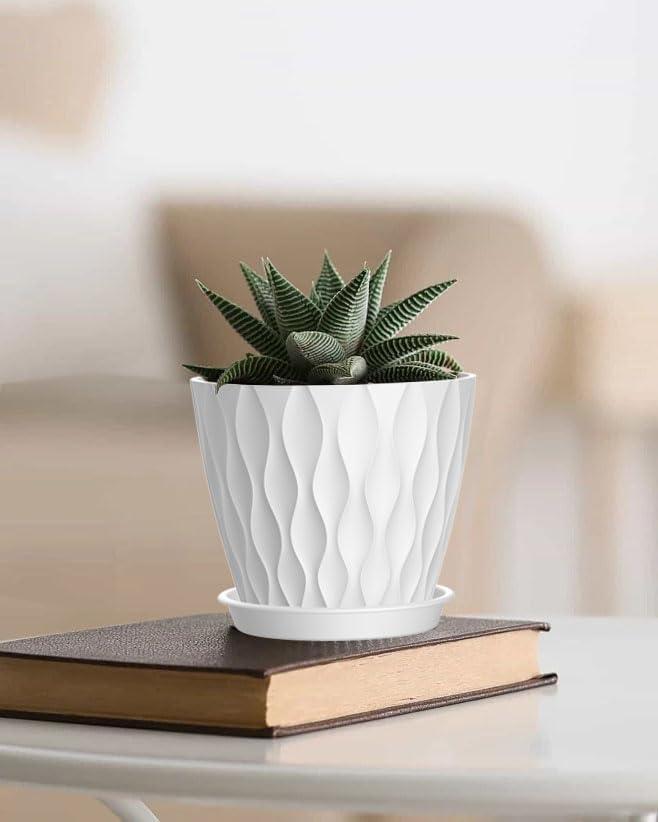 4 Inch Plant Pots, 6 Pack Indoor Flower Pots, Planters with Drainage Holes and Trays for Orchids, Violets, Succulents, Herbs, and Other Plants,White