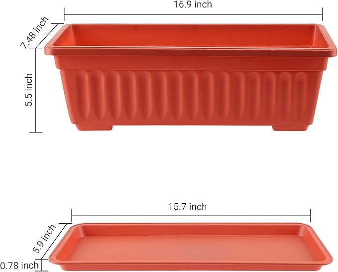 GREANER Long Planters for Outdoor Plants, 3 Pack 16.9x7.48 Inch Flower Windowsill Plastic Countryside Vegetable Box Pot with Tray for Plant Growing DIY in Garden, Balcony, Houses - Red