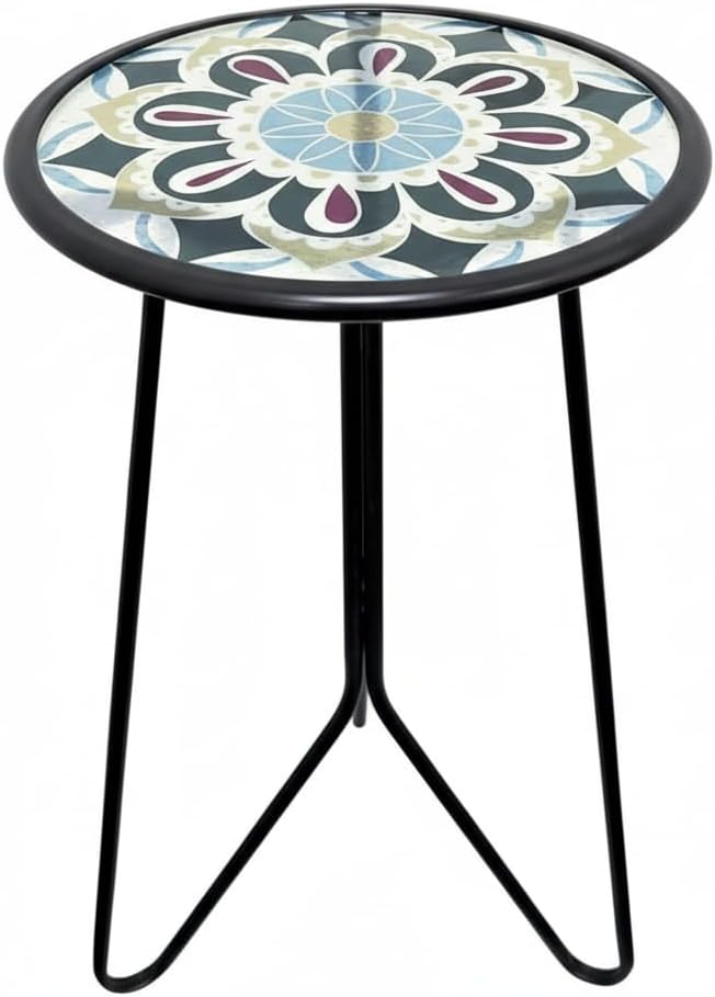 LIFFY Outdoor Side Table,12" Indoor Small Round Glass Tabletop Accent Table with Metal Frame, Home Decorative Plant Stand & End Table Outside for Patio, Garden, Yard, Kitchen, Porch