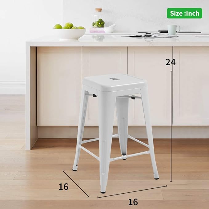 FDW Metal Bar Stools Set of 4 Counter Height Bar Stools 24 Inches Industrial Bar Chairs Patio Stool Stackable Backless Stool Indoor Outdoor Metal Kitchen Stools Bar Chairs (White, 24")