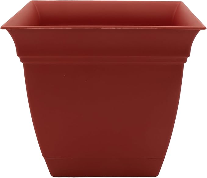 The HC Companies Eclipse Square Plastic Planter w/ Attached Saucer - Outdoor & Indoor Plant Pot with Drainage Holes - Lightweight, UV-Resistant Plastic Pots For Plants (12" Clay, Pack of 1)