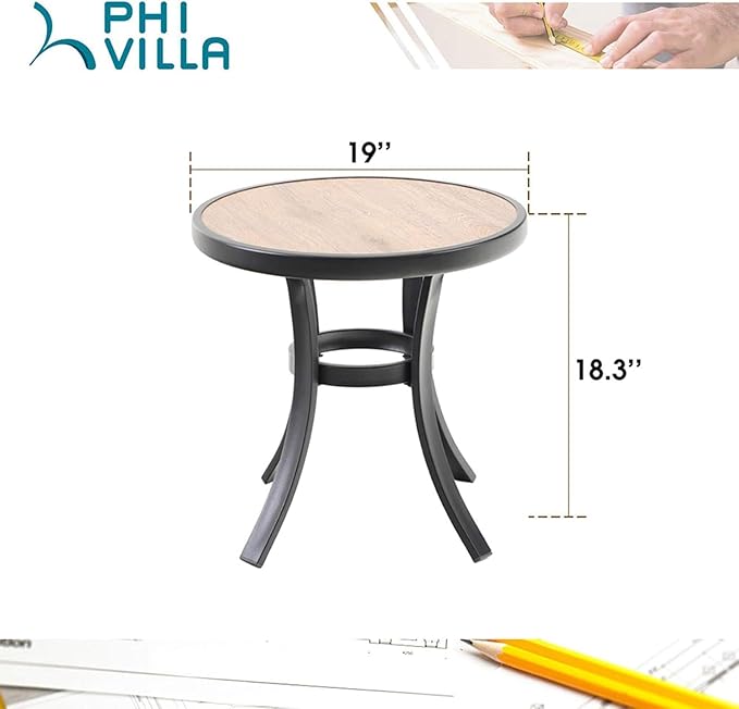 PHI VILLA Outdoor Round Side Table Set of 2, 19" Small Metal End Table with Wood Top, Outside All Weather Coffee Bistro Table for Patio, Deck, Porch, Balcony, Indoor