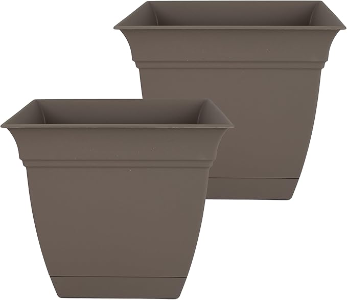 The HC Companies 10 Inch Eclipse Square Planter Pots with Drainage Holes & Attached Saucer, Lightweight UV-Resistant Plastic Indoor Outdoor Planters, 2-Pack Flower Pots, Garden Home Decor, Cappuccino