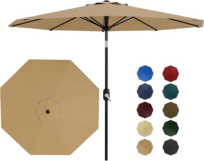 10 ft Patio Umbrella - 8 Sturdy Ribs Outdoor Table Umbrella with Crank Lift & Push Button Tilt - Market Umbrella for Pool, Deck, Yard, Garden - Tan