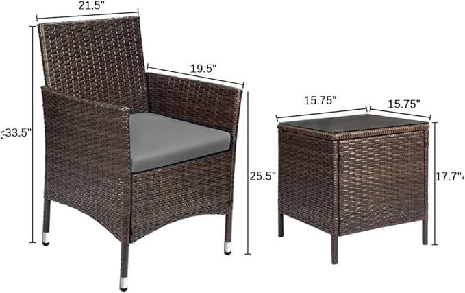 Devoko Patio Porch Furniture Sets 3 Pieces PE Rattan Wicker Chairs with Table Outdoor Garden Furniture Sets (Brown/Grey)