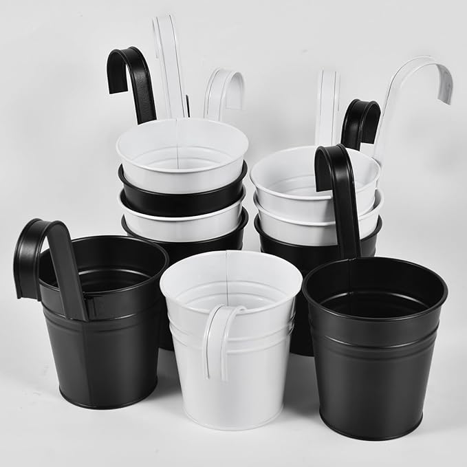 OBTANIM 12 Pack Metal Hanging Flower Pots Railing Planter Outdoor Fence Hanging Bucket Plant Holder with Detachable Hooks Drain Holes for Home Garden Yard Decor (Black and White, 4 x 4 Inch)