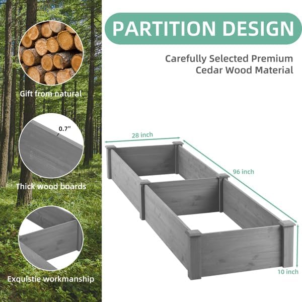 Over Ground 96x28x10 inch Raised Garden Bed, Large Wood Planter Box for Outdoor Herbs Vegetables Flowers, Tool-Free Quick Assembly Patio Yard Gardening Container, Durable Natural Cedar Frame