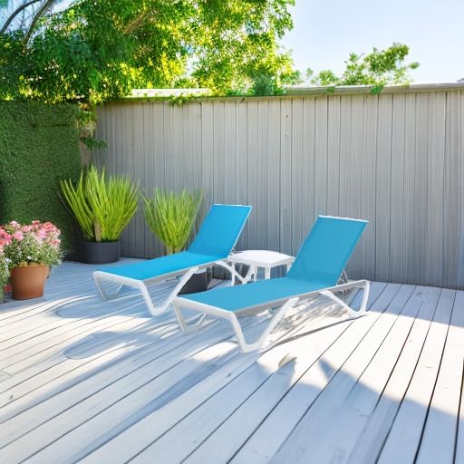 Kozyard Outdoor Chaise Lounge Chair, Full Flat Adjustable Patio Lounger with Aluminum Frame & Resin Legs, Textilene Fabric for Poolside, Backyard & Beach (Aqua/WhiteFrame, 2Chairs + Table)