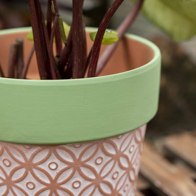Terracotta Plant Pots Set of 2-4.7 Inch Vintage Pattern Clay Flowerpots with Green Rim & Drainage Holes, Decorative Terra Cotta Pots for Indoor Outdoor Garden Home Decor