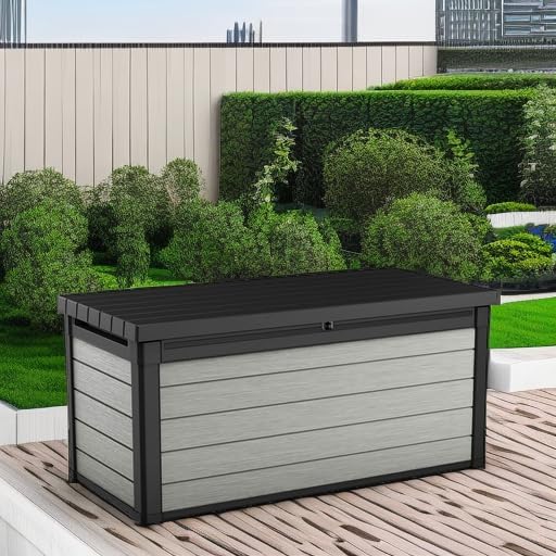 Keter Denali 150 Gallon Resin Large Deck Box with Double Wall 20mm Panels - Paintable and Drillable-Organization and Storage for Patio Furniture and Outdoor Items, Grey & Black