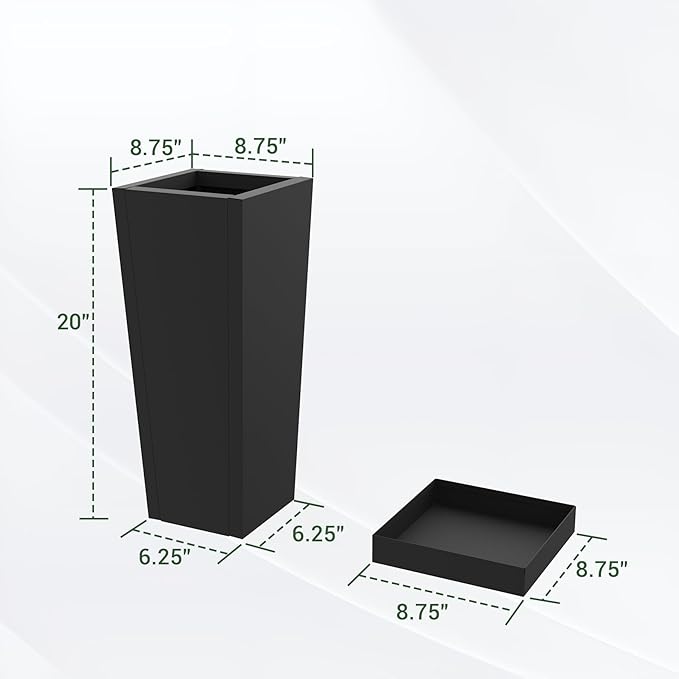 Tall Planters 20" H - 2 Pack, Tapered Pots with Drainage Insert Shelve & Trays, Metal Outdoor Planter Box for Porch, Garden, Patio, Yard (Black)