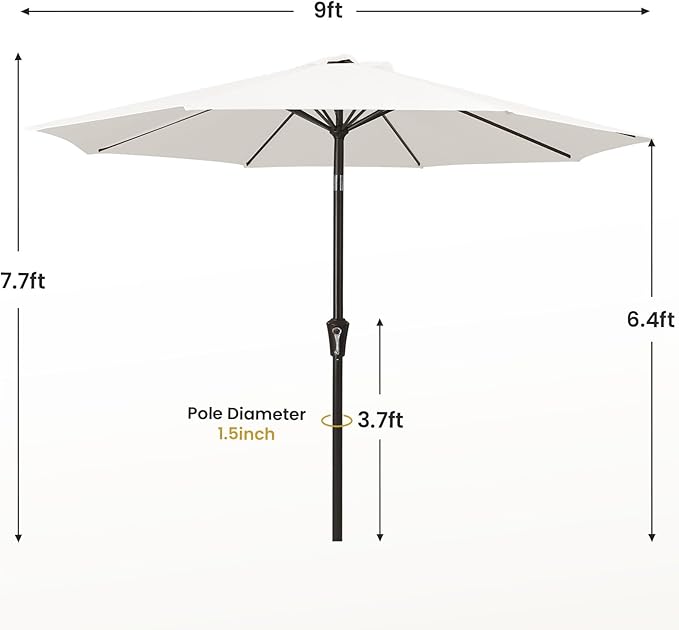 MEWAY 9ft Patio Umbrella Outdoor Table Umbrellas with Push Button Tilt and Crank, Market Umbrella 8 Sturdy Ribs for Deck, Garden, Pool and Backyard, Off-white
