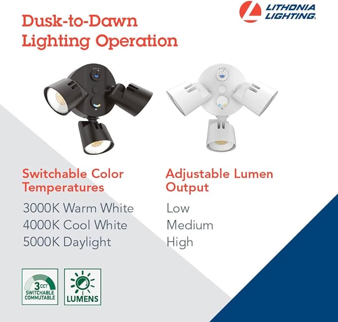Lithonia Lighting HomeGuard 3-Light LED Outdoor Flood Lights, Outdoor LED Lights, Dusk to Dawn Sensor, Adjustable Lumens, Selectable Color, Round Heads, Dark Bronze (HGX LED 3RH ALO SWW2 120 PE DDB)