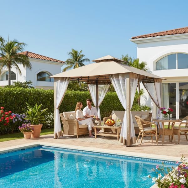 COBIZI Gazebo 10x10 Heavy Duty Gazebos with Improved Nettings Outdoor Gazebo Double Roof Patio Gazebos with Metal Steel Frame Outdoor Canopy for Patio, Deck, Backyard (Khaki)