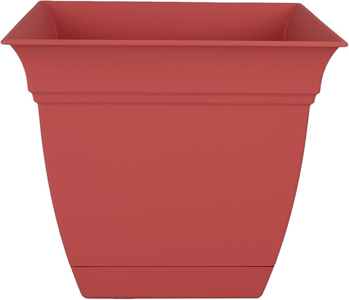 The HC Companies Eclipse Square Plastic Planter w/Attached Saucer - Outdoor & Indoor Plant Pot with Drainage Holes - Lightweight, UV-Resistant Plastic Pots for Plants (8" Rose, Pack of 1)