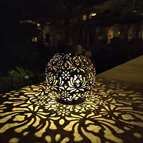 EXCMARK 2 Pack Outdoor Solar Hanging Lantern Lights Metal LED Decorative Lamp for Garden Patio Courtyard Lawn and Table with Hollowed-Out Design (Black)