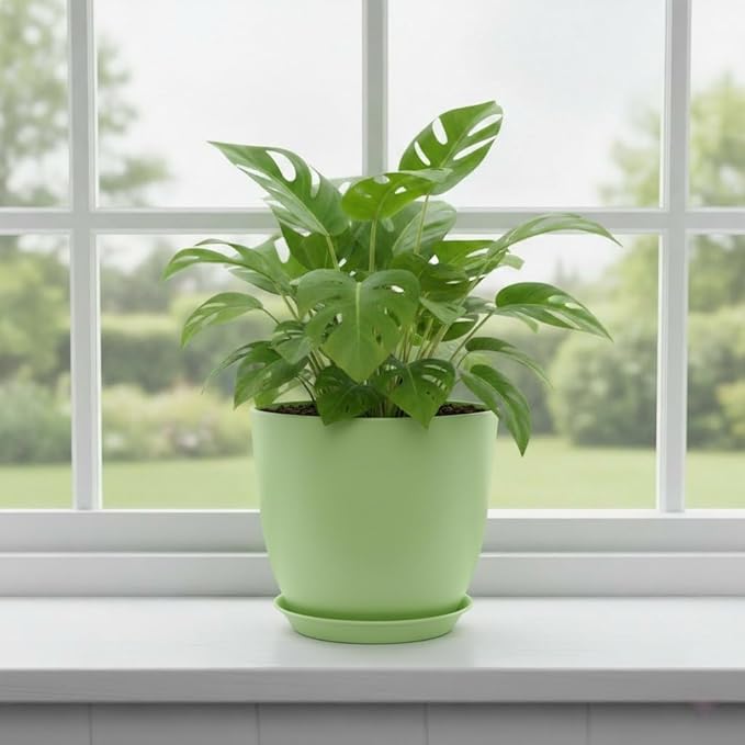 Plant Pots 8 Inch Set of 6, Flower Pots with Drainage Holes and Saucer, Plastic Garden Planters for Indoor & Outdoor Plants (Green)