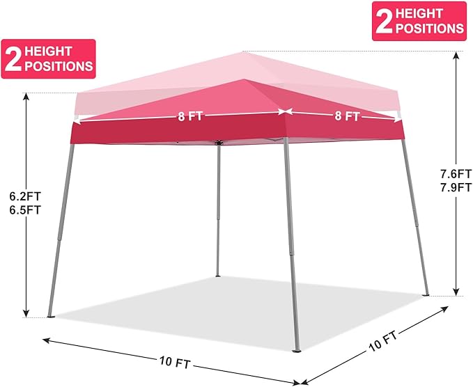 Canopy Tent, 10X10 FT Pop Up Canopy Outdoor Instant Tent Slant Legs with Carrying Bag, Portable Gazebo Shelter for Patio Deck Garden and Beach - 8X8 FT Canopy Cover (Red)