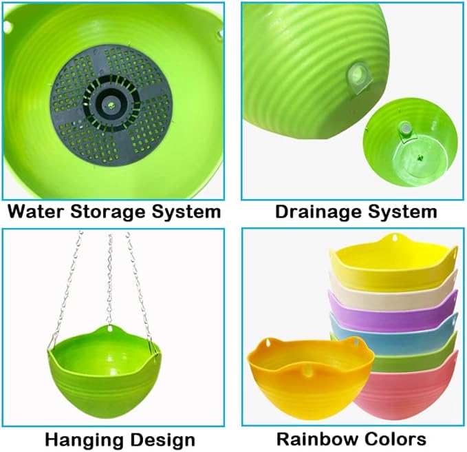 7 Pack 8 Inch Plastic Self-Watering Hanging Planters,Colorful Garden Flower Plant Pot Container Baskets with Drainer Chain for Indoor Outdoor Use,7 Colors
