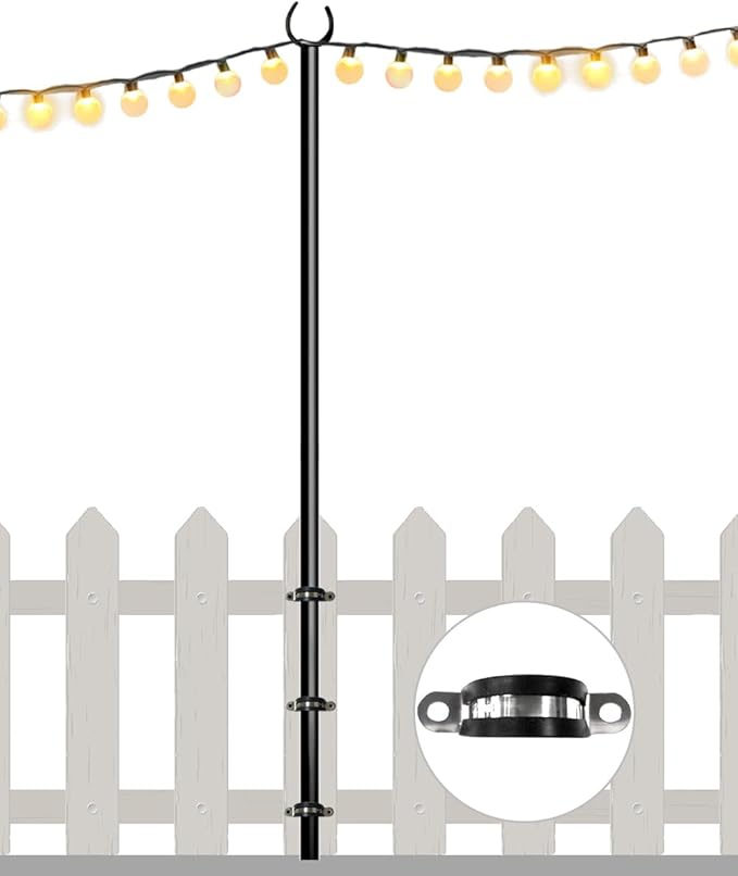 10FT String Light Pole for Outdoor, Heavy Duty Metal Lighting Stand Pole for Deck Fence Railing Backyard Patio Holiday Wedding Party Decorations (1 Pack)