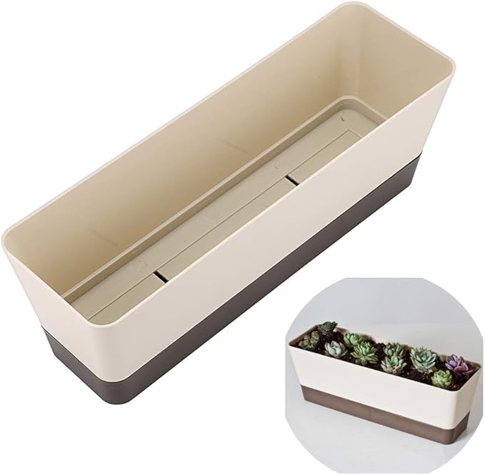 Skelang 3 Pcs Rectangular Plant Pot, 12" Watering Container with Drainage Hole, Window Planter Box with Saucer for Succulents, Flowers, Indoor Plants, African Violets