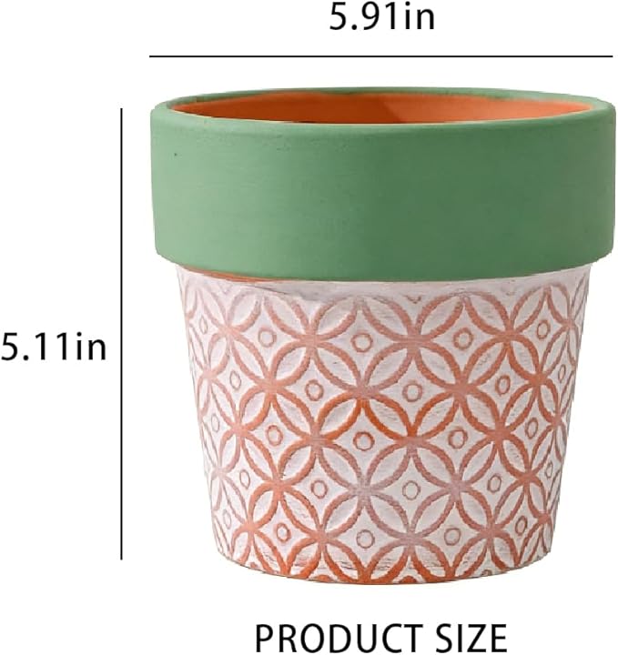 Terracotta Plant Pots Set of 2-5.9 Inch Vintage Pattern Clay Flowerpots with Green Rim & Drainage Holes, Decorative Terra Cotta Pots for Indoor Outdoor Garden Home Decor