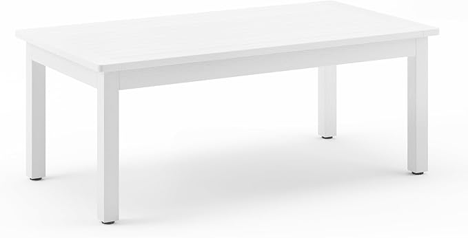 LUE BONA Outdoor Coffee Table, HDPS White Patio Coffee Tables for Outside Rectangle, Adjustable Levelling Feet/Weather Resistant, Patio Table for Deck, Pool, Balcony, Indoor or Outdoor Use