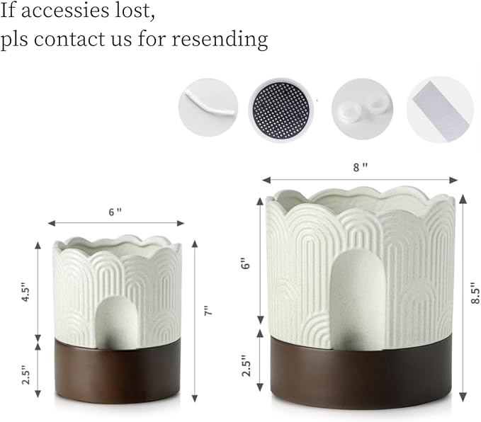 Nihow Self Watering Plant Pot Set: 6 Inch & 8 Inch Ceramic Planter with Drainage Hole & Water Storage Plus - Relief Design Self Watering Pot for Indoor Plants - Beige & Brown Flower Pot -Set of 2