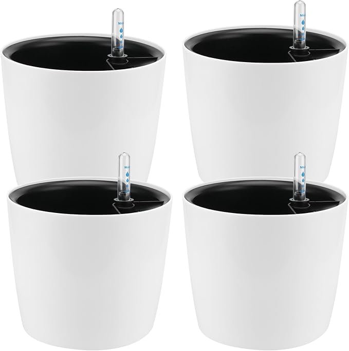 4 Pack 7 Inch Self Watering Planter for Indoor Plants, White Decorative Round Plastic Self Watering Pots with Level Indicators for Soil Planting, Flowers, Herb, African Violet, Succulent
